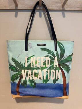 kate spade I Need a Vacation Palm-Print Canvas Tote in Light Blue, Green, Navy